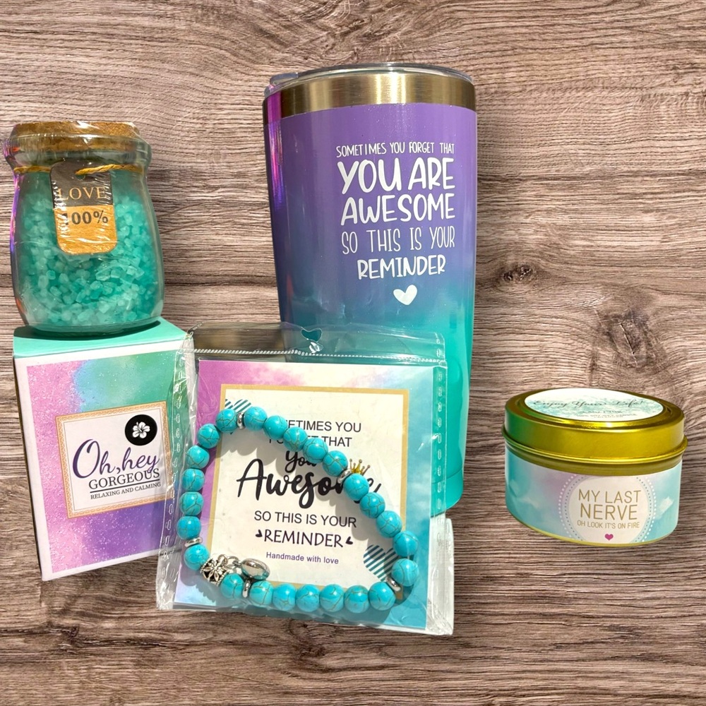 NEW! Gift Bundle. All New Items: Lavender Candle, Tumbler, Bath Salts, Bracelet